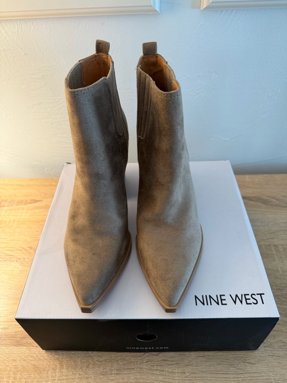 Nine West Taupe Suede Pointed Toe Ankle Booties, Never Worn